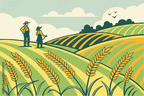 Farmers Overlooking Wheat Fields Vector Illustration for Agricultural Use