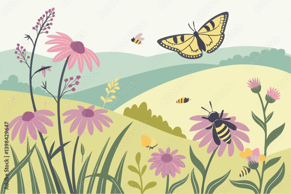 Fototapeta premium Colorful Butterfly and Bee Meadow Vector Illustration for Nature Designs