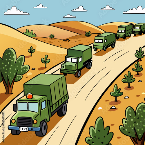 Military Green Trucks Caravan in Desert Landscape Vector for Illustrations and Coloring Books