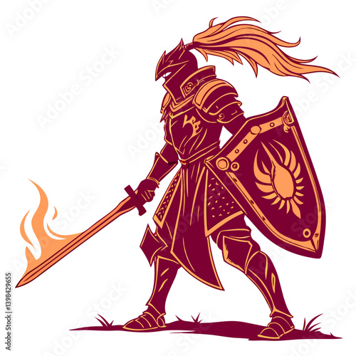 Majestic Armored Knight with Flaming Sword and Shield Vector Art