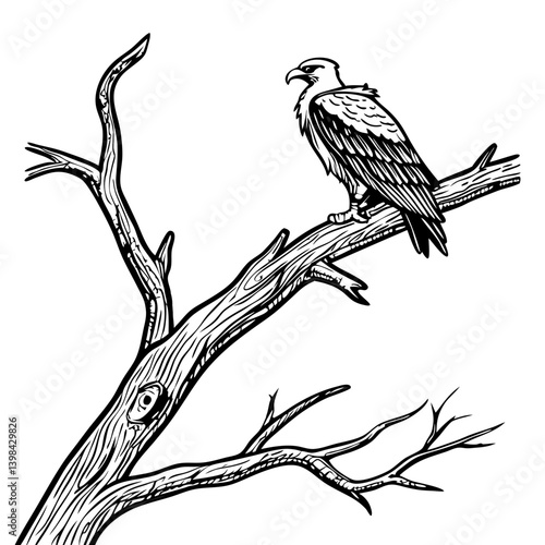 Majestic Eagle Perched on Bare Tree Branch Vector Illustration for Art and Design