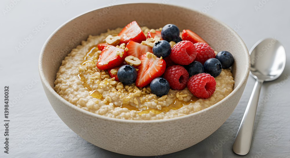 Bowl of Nourishing Plant Based Grain Porridge with Fresh Fruits Bowl of Nourishing Plant Based Grain Porridge with Fresh Fruits
