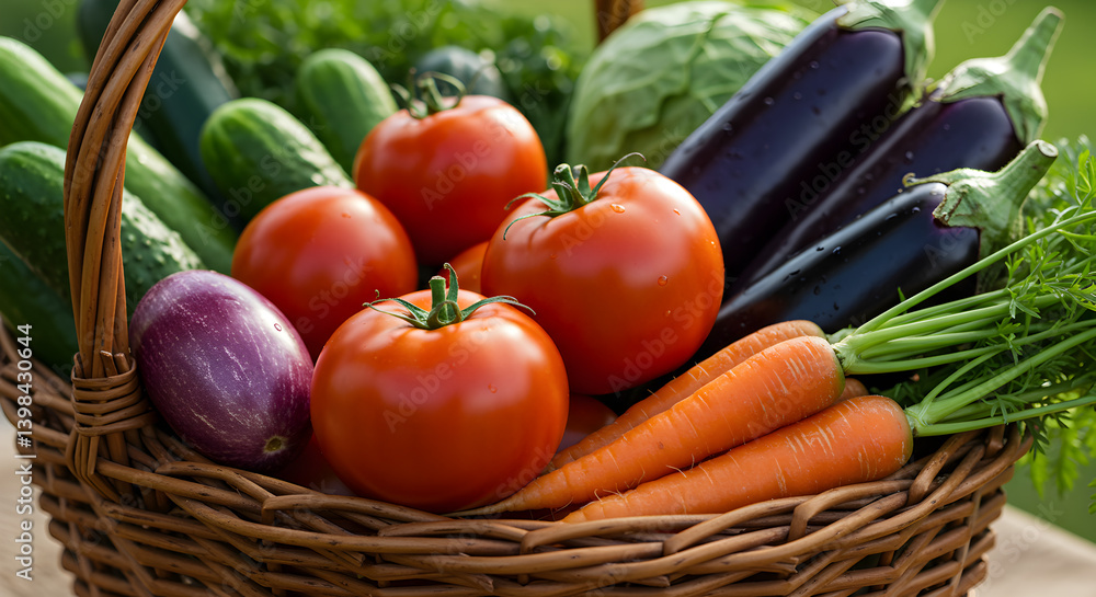 Closeup of Vibrant Farm-Fresh Vegetables Arranged in a Natural Wicker Basket Closeup of Vibrant Farm-Fresh Vegetables Arranged in a Natural Wicker Basket