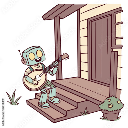 Whimsical Robot Playing Banjo on Rustic Porch Vector Illustration