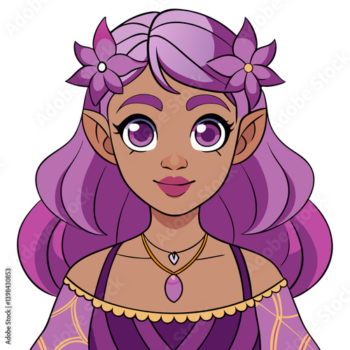 Fantasy Elf Girl Purple Hair Floral Accessories Vector for Character Design and Illustration