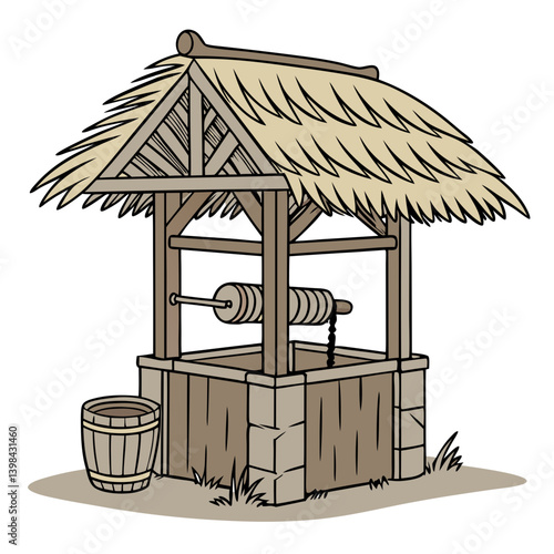 Rustic Wooden Water Well with Thatch Roof Vector Illustration for Rural Decor and Design