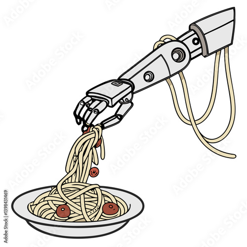 Robotic Hand Serving Spaghetti Vector Art for Futuristic Food and AI Design