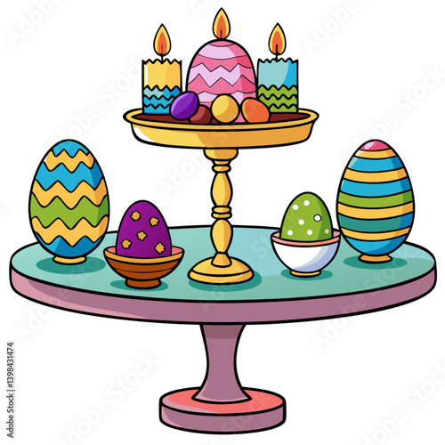 Colorful Easter Eggs Candles on Cake Stand Vector Illustration for Holiday Decoration