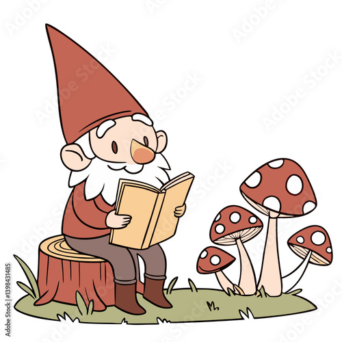 Whimsical Gnome Reading Book Sitting on Tree Stump with Mushrooms Vector Illustration