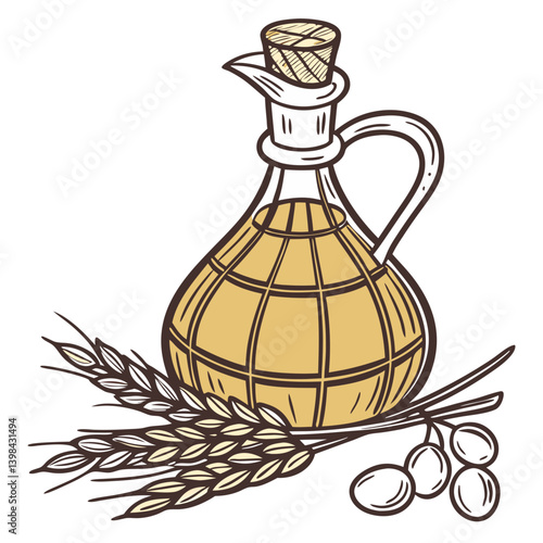 Olive Oil Bottle with Wheat and Olives Hand Drawn Vector Illustration