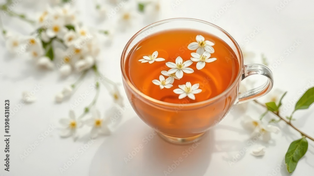 Delicate tea cup with white flowers on a clean white surface, tea, fresh Delicate tea cup with white flowers on a clean white surface, tea, fresh