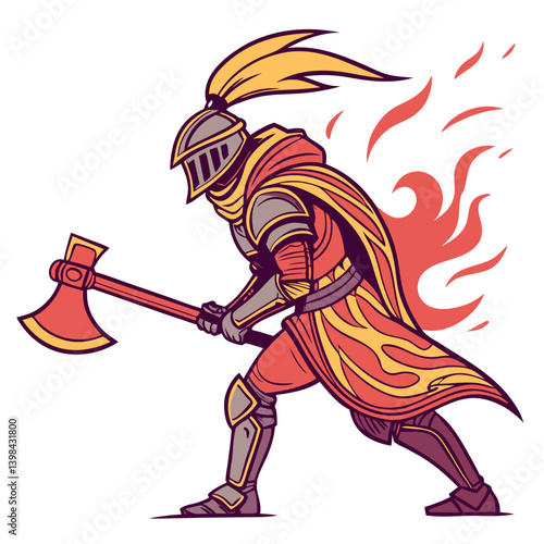 Fiery Armored Knight with Battle Axe Illustration for Fantasy Game Design