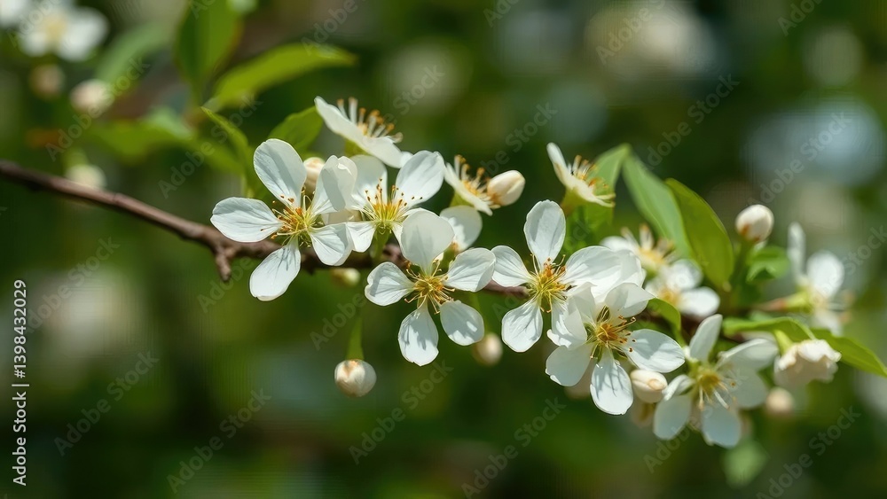 Delicate white blooms on a branch unfolding slowly, nature, leafy greens, blossoms Delicate white blooms on a branch unfolding slowly, nature, leafy greens, blossoms