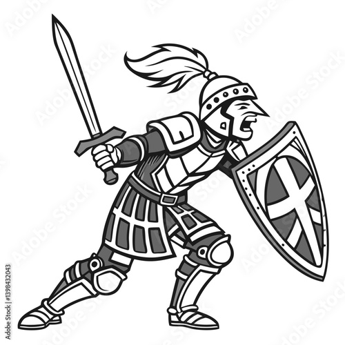 Medieval Warrior Knight with Sword and Shield Vector Illustration for Designs