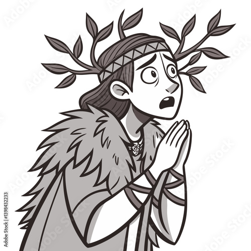 Ancient Mytho-Inspired Woman Praying with Leaves for Books or Tattoos