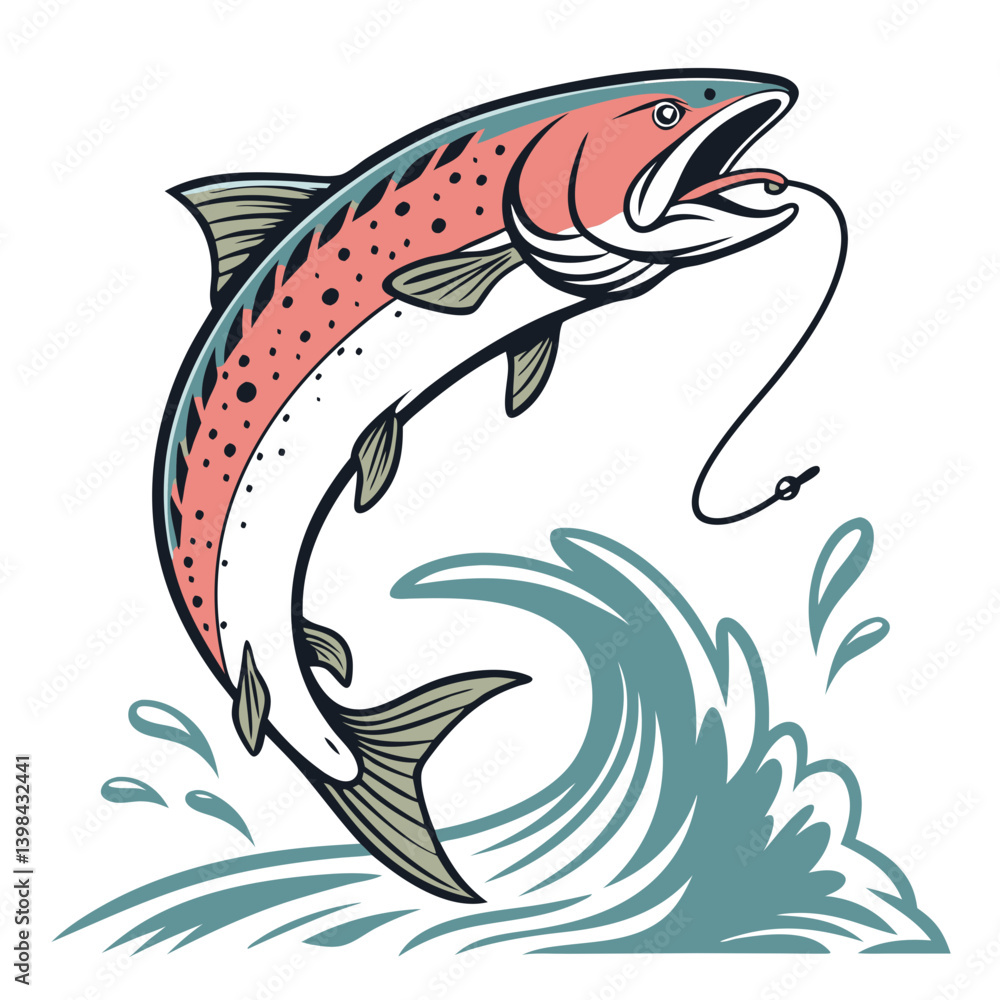 Fototapeta premium Jumping Salmon Fish Vector Illustration for Fishing and Outdoor Design