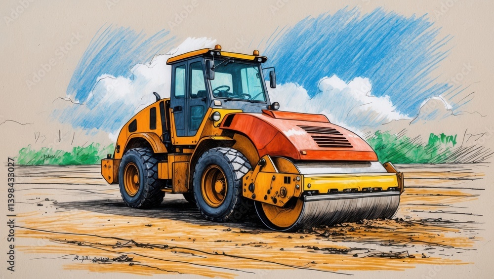 Obraz premium Yellow orange road roller on ground. Sketch illustration of construction vehicle under blue sky with clouds.
