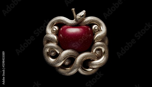 Red Apple Encircled by a Gold Snake on Black Background