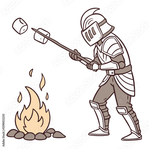 Medieval Knight Roasting Marshmallows by Campfire Vector Illustration