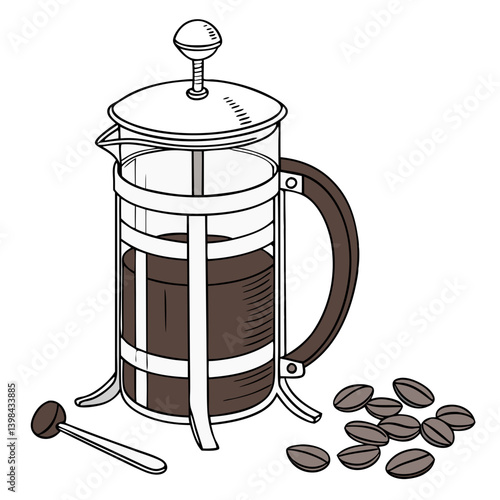 Vector Illustration of French Press Coffee Maker with Beans and Spoon for Cafes and Menus