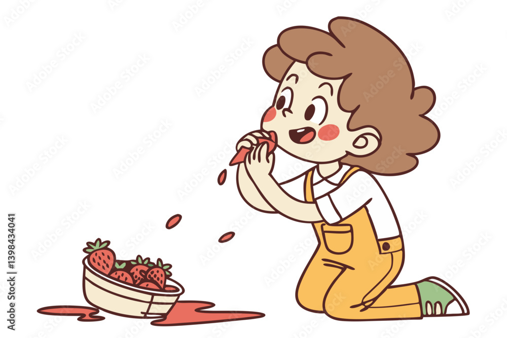 Cute Child Enjoying Fresh Strawberries Fun Vector Illustration Cute Child Enjoying Fresh Strawberries Fun Vector Illustration
