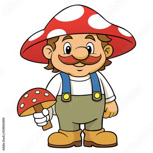 Cartoon Character with Mushroom Hat and Overalls Holding Mushroom Vector Illustration