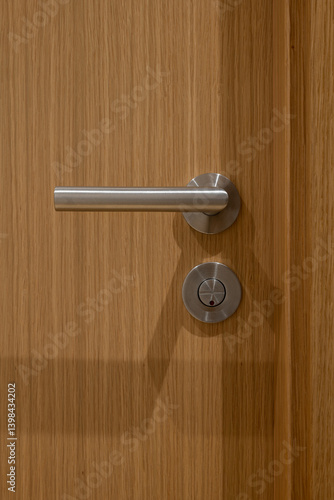 Wallpaper Mural Side view of a wooden door with a brushed metal handle and locking mechanism Torontodigital.ca