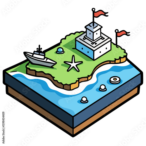 Isometric Vector Island with Sailboat and Castle Seaside Landscape