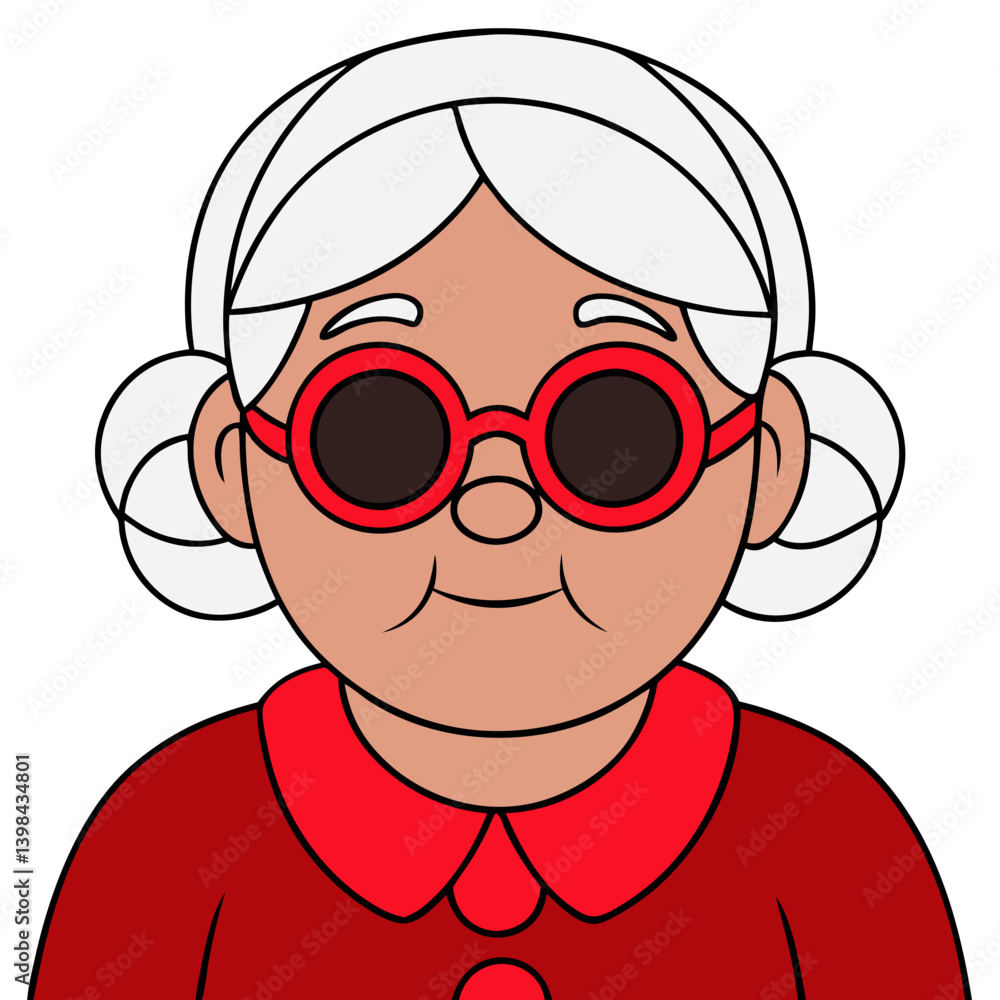 Obraz premium Elderly Woman Cartoon with Red Glasses for Apps and Children’s Books