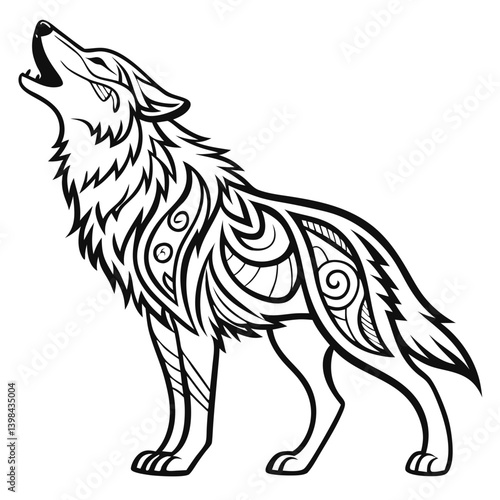 Intricate Tribal Wolf Tattoo Howling Design for Artistic Projects and Decor