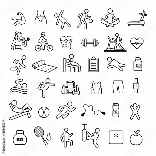 Fitness and Gym Line Icons Set. Workout, Exercise, Yoga, Weightlifting, Sports, Health, Equipment Template