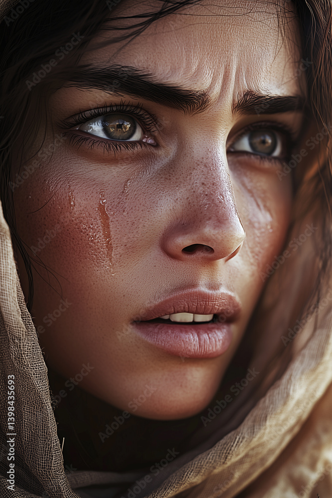 A hyper-realistic close-up portrait of Mary Magdalene at the moment she sees the resurrected Jesus from a distance. A hyper-realistic close-up portrait of Mary Magdalene at the moment she sees the resurrected Jesus from a distance.