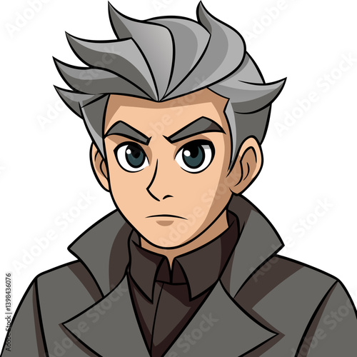 Anime Male Character with Gray Hair in Dark Coat Stylish Manga Portrait