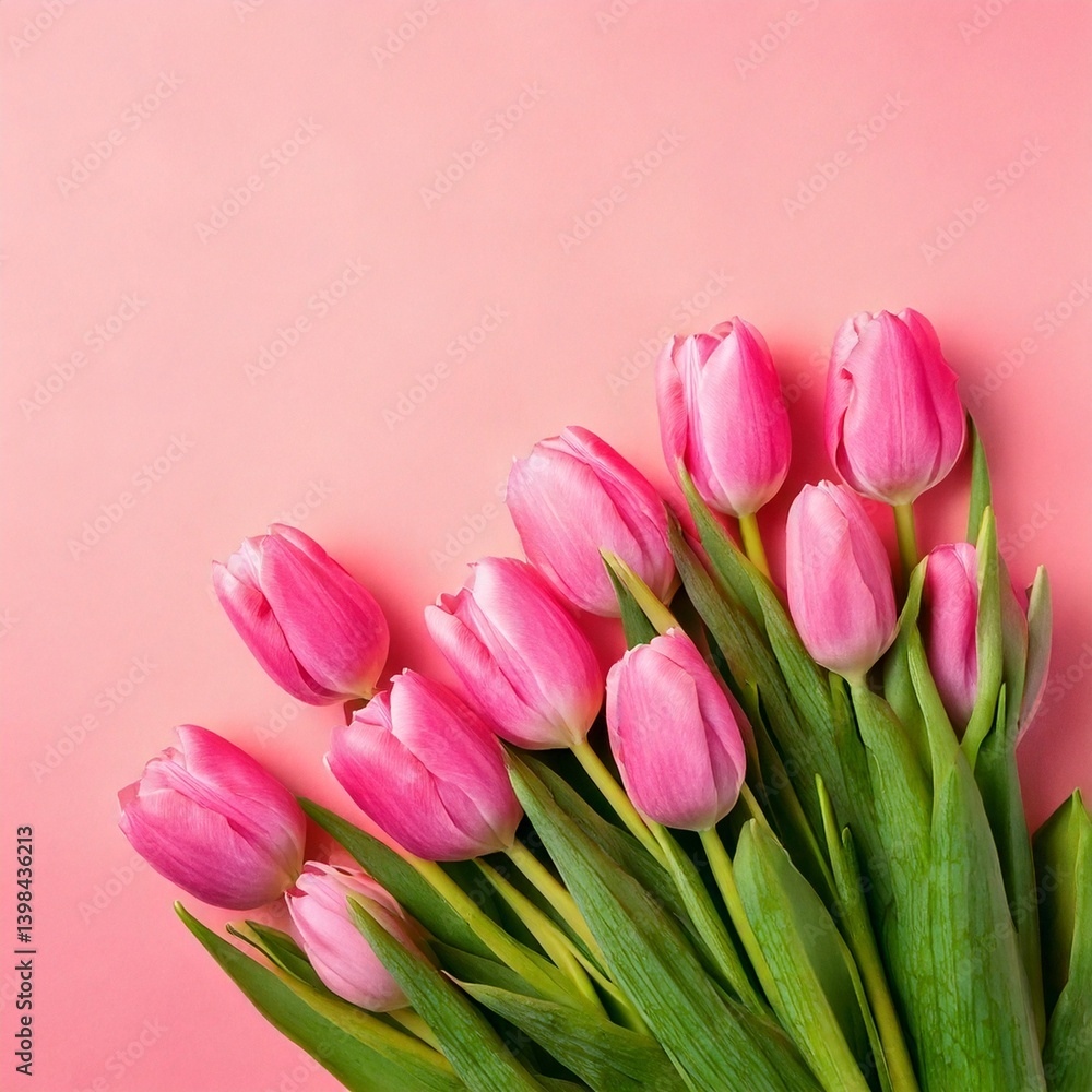 Beautiful composition spring flowers. Bouquet of pink tulips flowers on pastel pink background. Valentine's Day, Easter, Birthday, Happy Women's Day, Mother's Day. Flat lay, top view, copy space. Beautiful composition spring flowers. Bouquet of pink tulips flowers on pastel pink background. Valentine's Day, Easter, Birthday, Happy Women's Day, Mother's Day. Flat lay, top view, copy space.