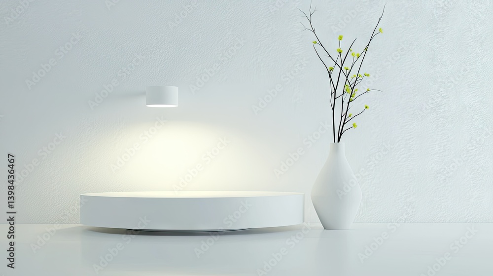 Modern minimalist display design with illuminated platform and floral elements Modern minimalist display design with illuminated platform and floral elements