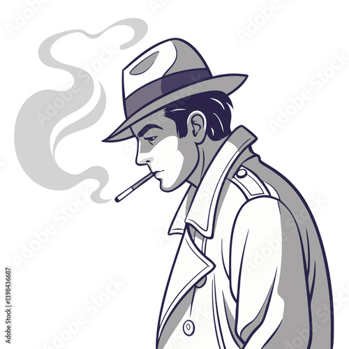 Vintage Noir Detective Smoking in Fedora and Trench Coat Vector Illustration