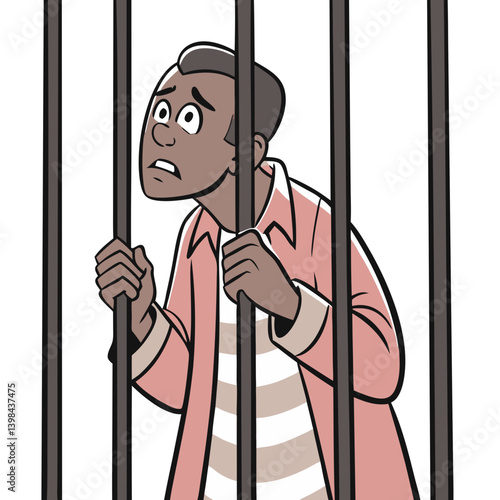 Worried Man Behind Bars Illustration Symbolizing Imprisonment and Fear
