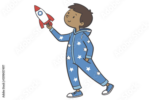 Child in Starry Pajamas Holding Toy Rocket Vector Illustration