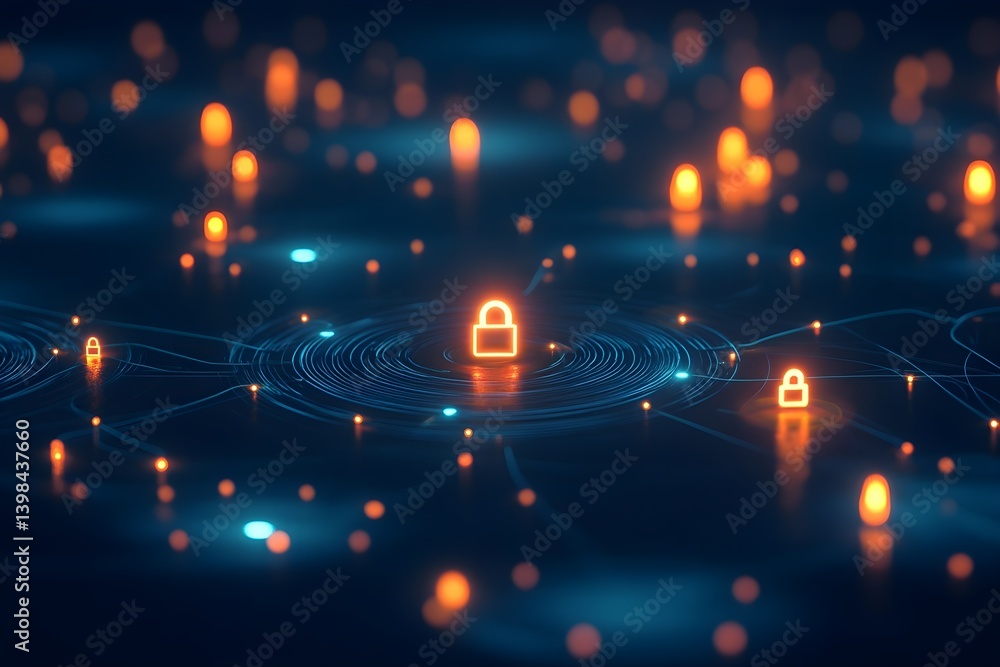 Obraz premium A network of interconnected nodes with glowing padlock icons