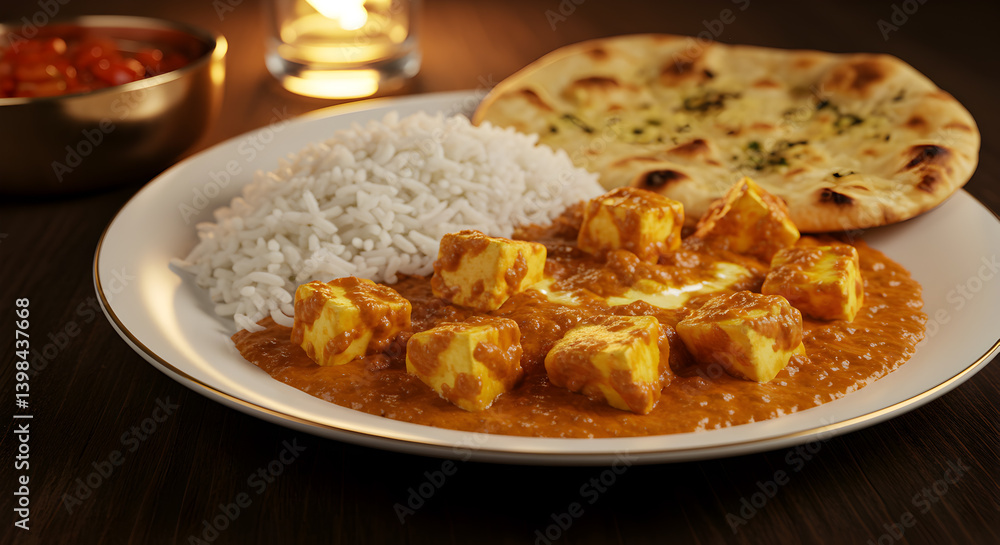 Aromatic Indian Butter Paneer With Basmati Rice And Garlic Naan Dish Aromatic Indian Butter Paneer With Basmati Rice And Garlic Naan Dish