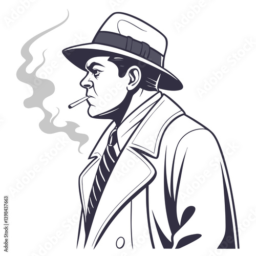 Vintage Noir Detective Smoking in Profile Illustration for Retro Design