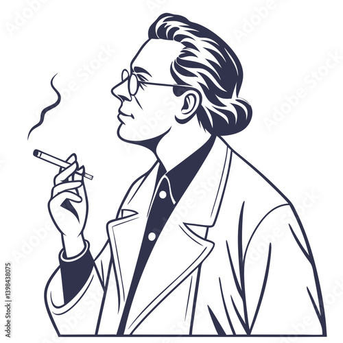 Vintage Vector Portrait of Smoking Man in Glasses for Tattoo and Graphic Design