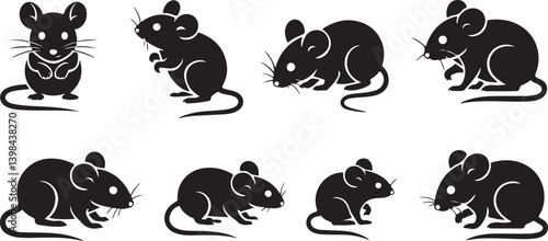 Illustration of Mouse Silhouettes in Different Poses for Animal Icon, Wildlife, and Rodent-Themed Vector Design Elements