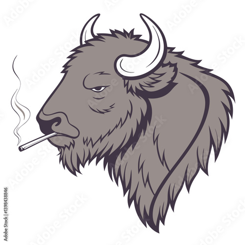 Smoking Buffalo Illustration with Relaxed Expression for Tattoo or Print Design