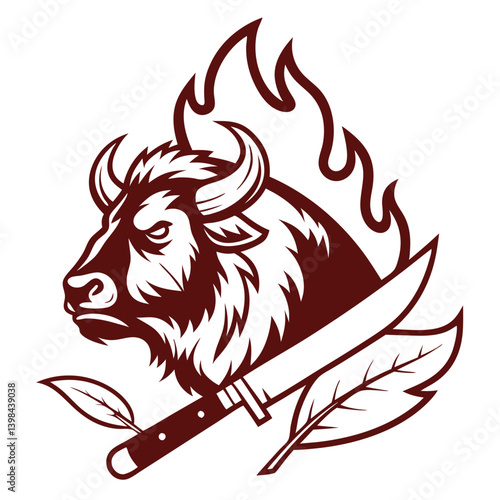 Majestic Buffalo Head with Flames and Knife Vector for Tattoo and Design