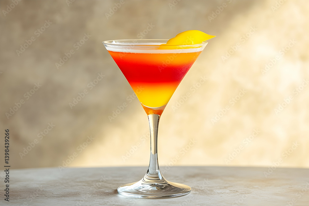 A vibrant layered cocktail garnished with lemon. A vibrant layered cocktail garnished with lemon.