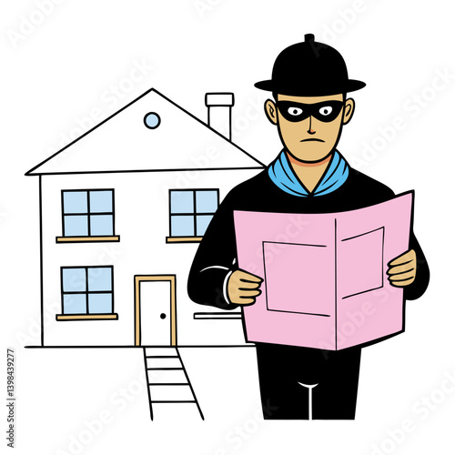 Cartoon Burglar Holding Blueprint House Robbery Planning Vector Art