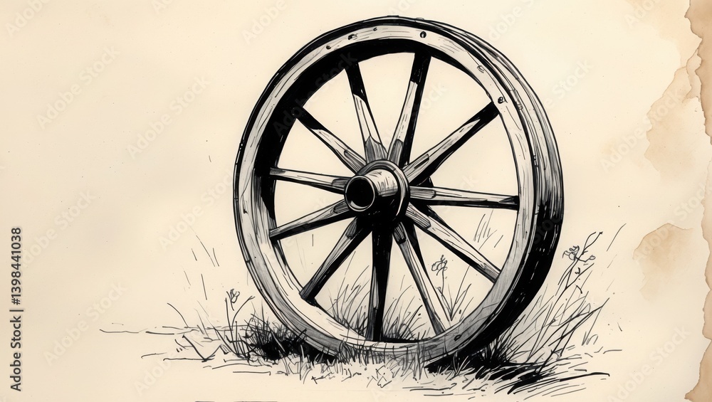 Fototapeta premium Wood wheel drawing with spokes. Black ink sketch of old cart wheel on beige background. Antique style illustration showing wagon part in grass.