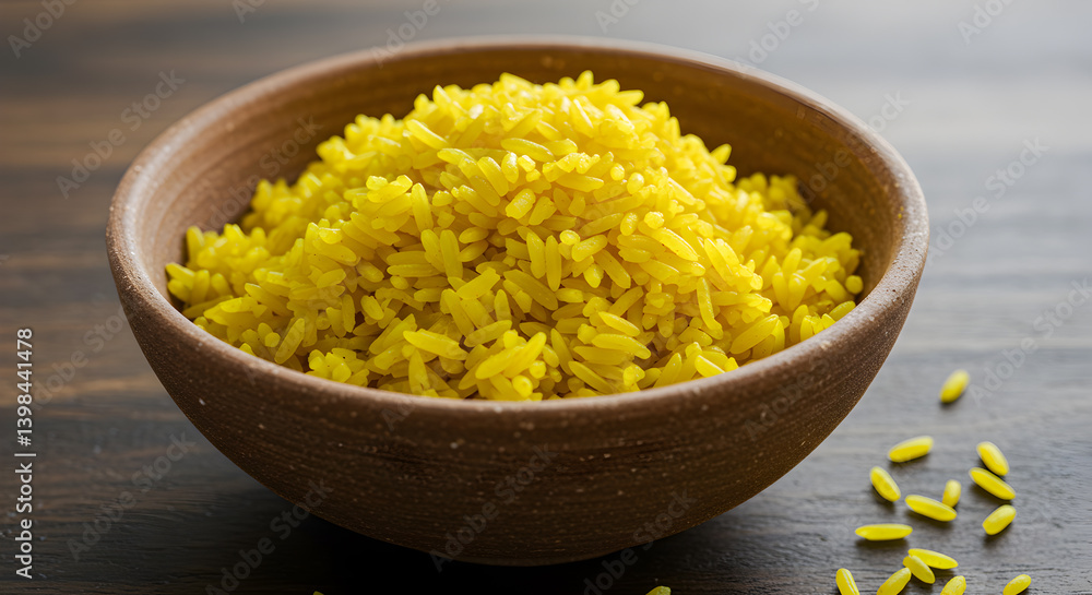 Bright Yellow Turmeric Infused Rice in a Ceramic Bowl Photo Bright Yellow Turmeric Infused Rice in a Ceramic Bowl Photo