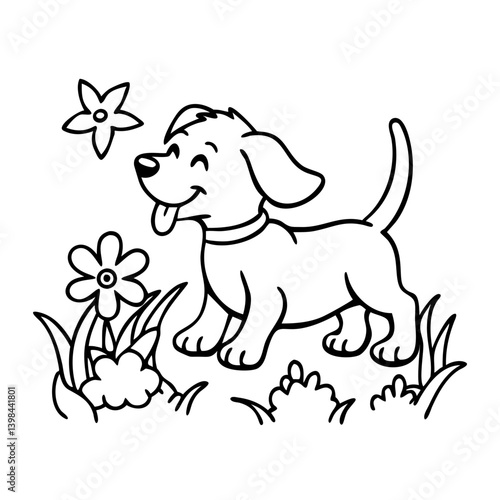 Cute Playful Puppy with Flowers Vector Outline for Coloring Books and Kids Art Projects